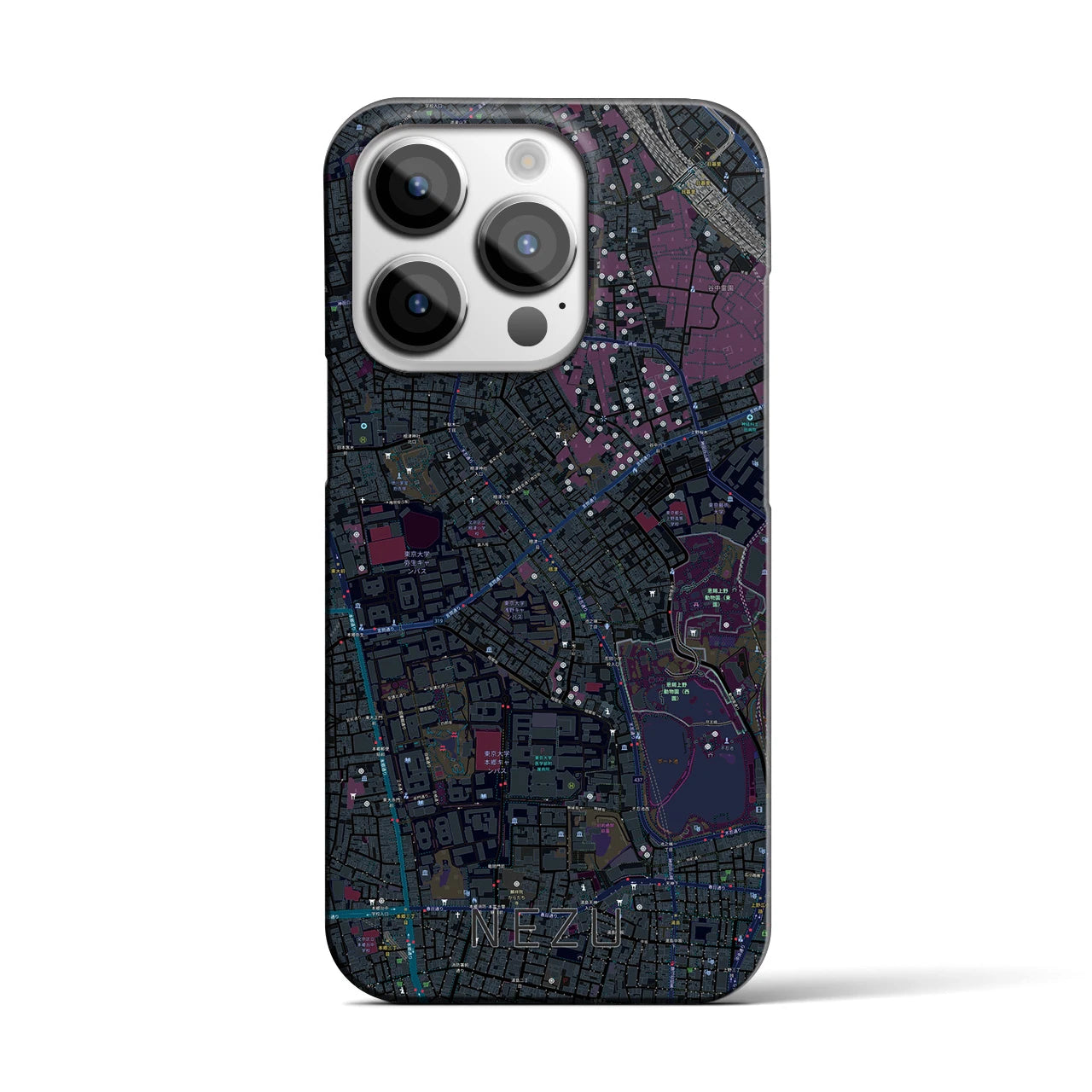 【根津】地図柄iPhoneケース（バックカバータイプ・ブラック）iPhone 14 Pro 用