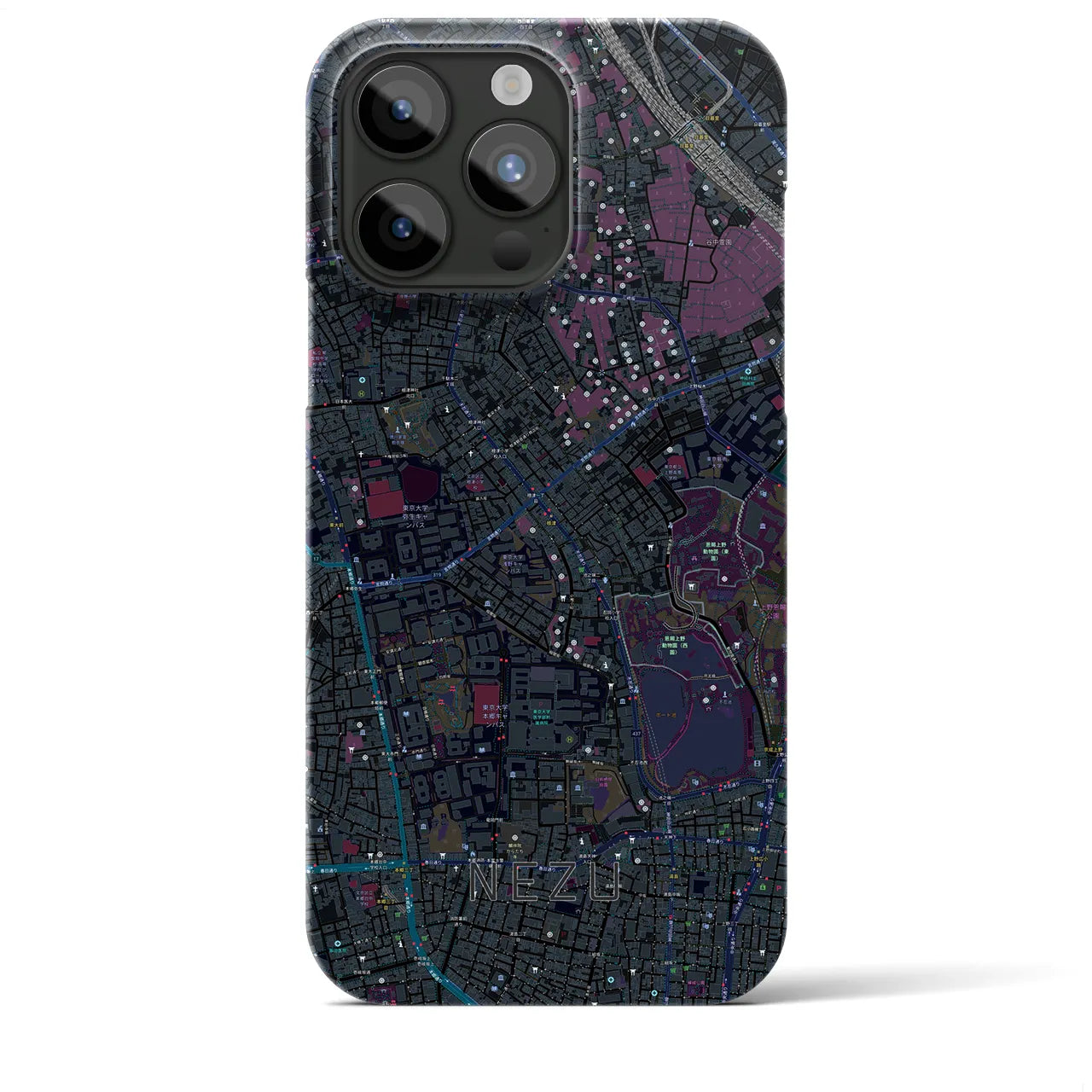 【根津】地図柄iPhoneケース（バックカバータイプ・ブラック）iPhone 15 Pro Max 用