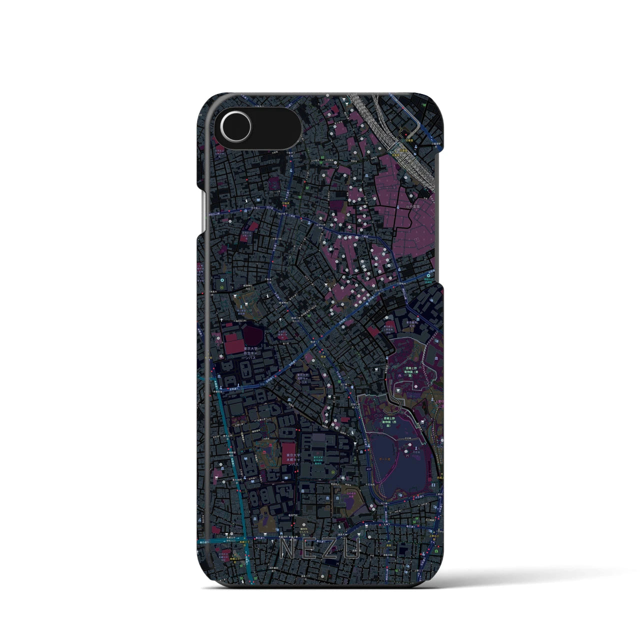 【根津】地図柄iPhoneケース（バックカバータイプ・ブラック）iPhone SE（第3 / 第2世代） / 8 / 7 / 6s / 6 用
