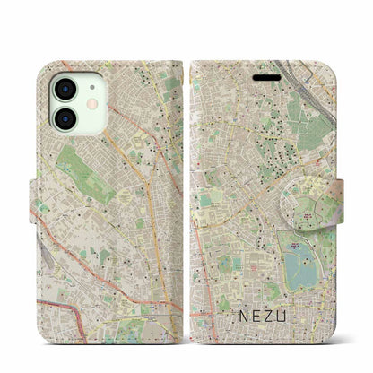 【根津（東京都）】地図柄iPhoneケース（手帳タイプ）ナチュラル・iPhone 12 mini 用