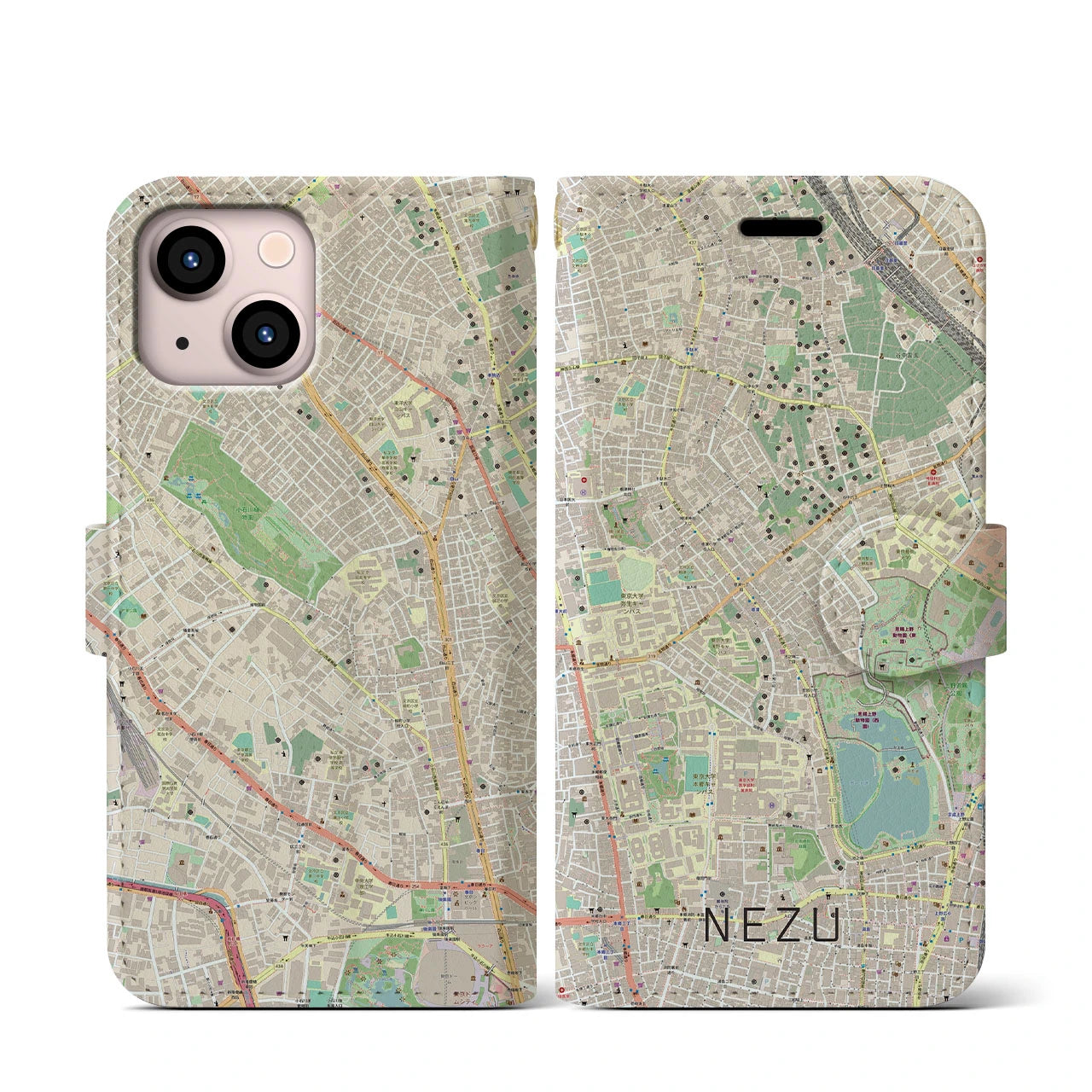 【根津】地図柄iPhoneケース（手帳両面タイプ・ナチュラル）iPhone 13 mini 用