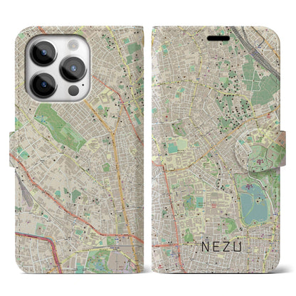 【根津（東京都）】地図柄iPhoneケース（手帳タイプ）ナチュラル・iPhone 14 Pro 用