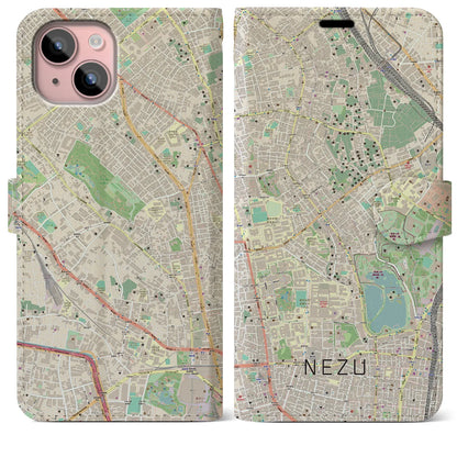 【根津（東京都）】地図柄iPhoneケース（手帳タイプ）ナチュラル・iPhone 15 Plus 用