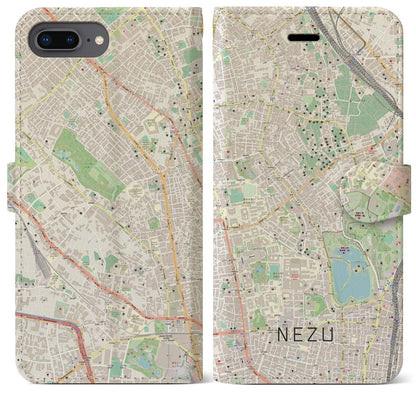 【根津（東京都）】地図柄iPhoneケース（手帳タイプ）ナチュラル・iPhone 8Plus /7Plus / 6sPlus / 6Plus 用