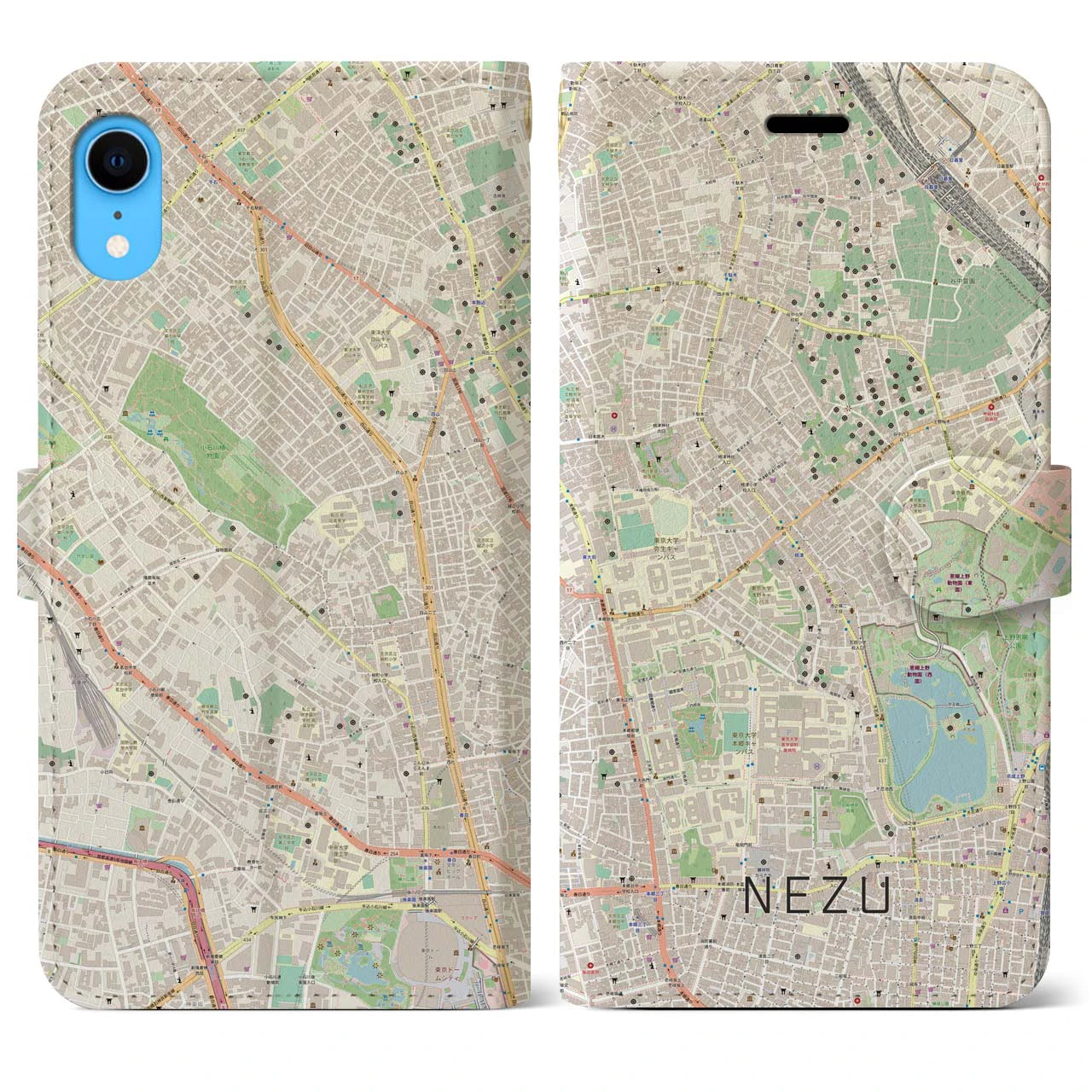 【根津】地図柄iPhoneケース（手帳両面タイプ・ナチュラル）iPhone XR 用