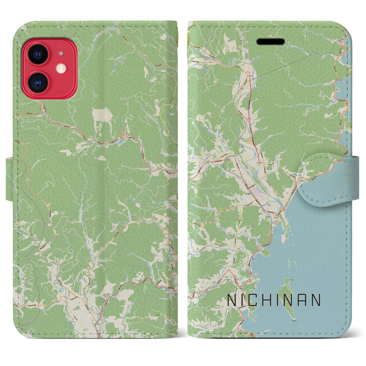 【日南】地図柄iPhoneケース（手帳両面タイプ・ナチュラル）iPhone 11 用