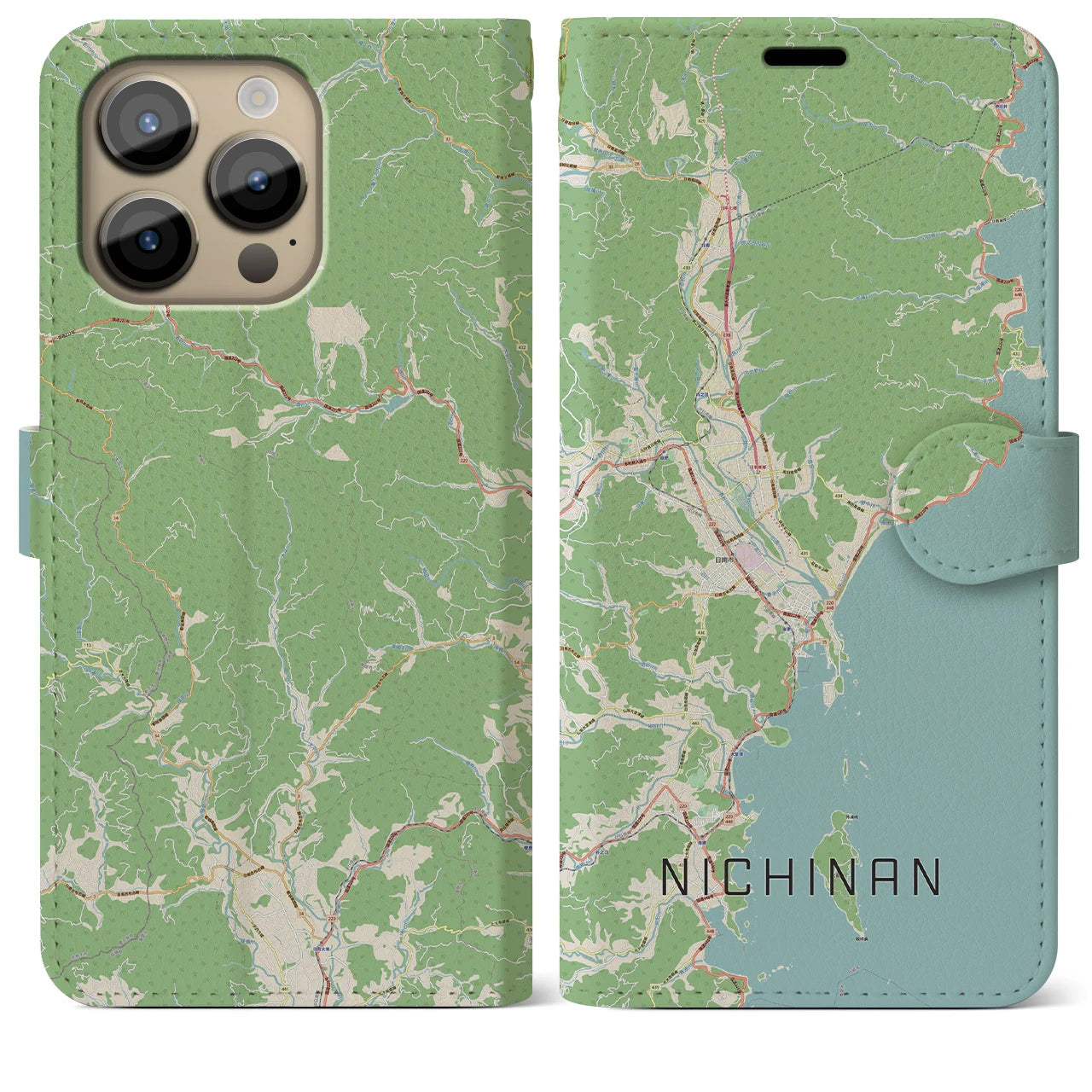 【日南】地図柄iPhoneケース（手帳両面タイプ・ナチュラル）iPhone 14 Pro Max 用