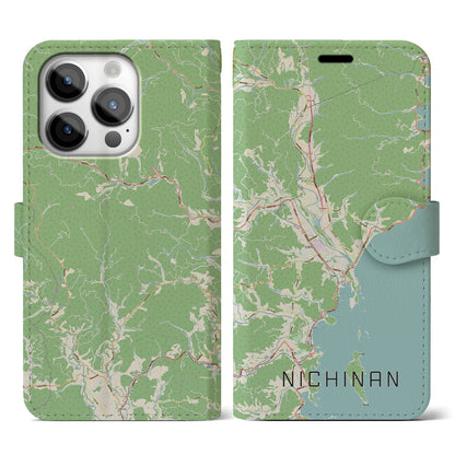 【日南（宮崎県）】地図柄iPhoneケース（手帳タイプ）ナチュラル・iPhone 14 Pro 用