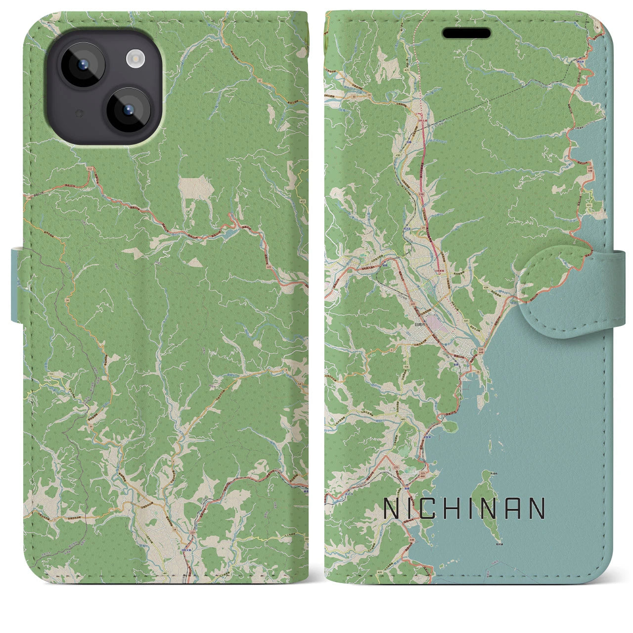 【日南】地図柄iPhoneケース（手帳両面タイプ・ナチュラル）iPhone 14 Plus 用
