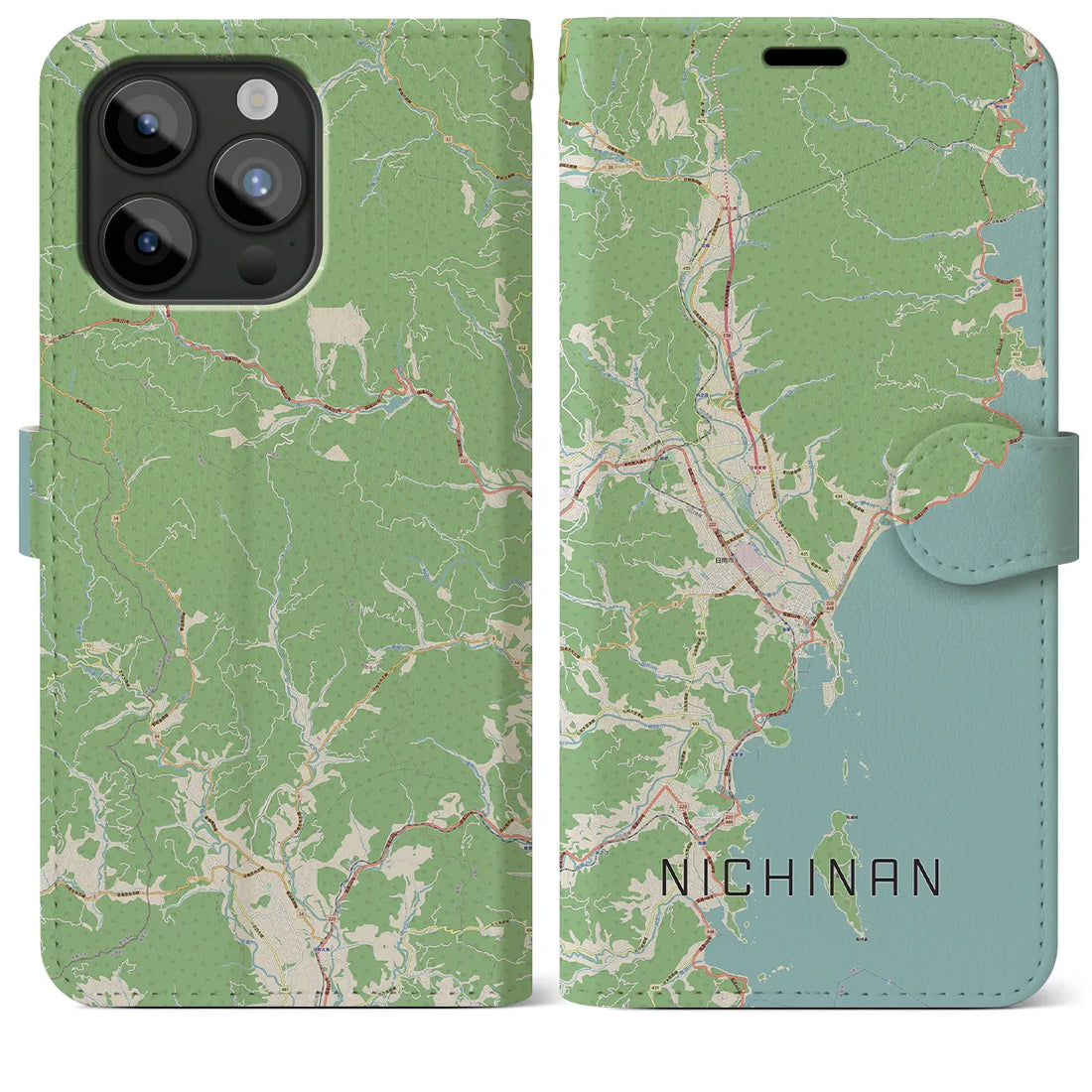 【日南】地図柄iPhoneケース（手帳両面タイプ・ナチュラル）iPhone 15 Pro Max 用