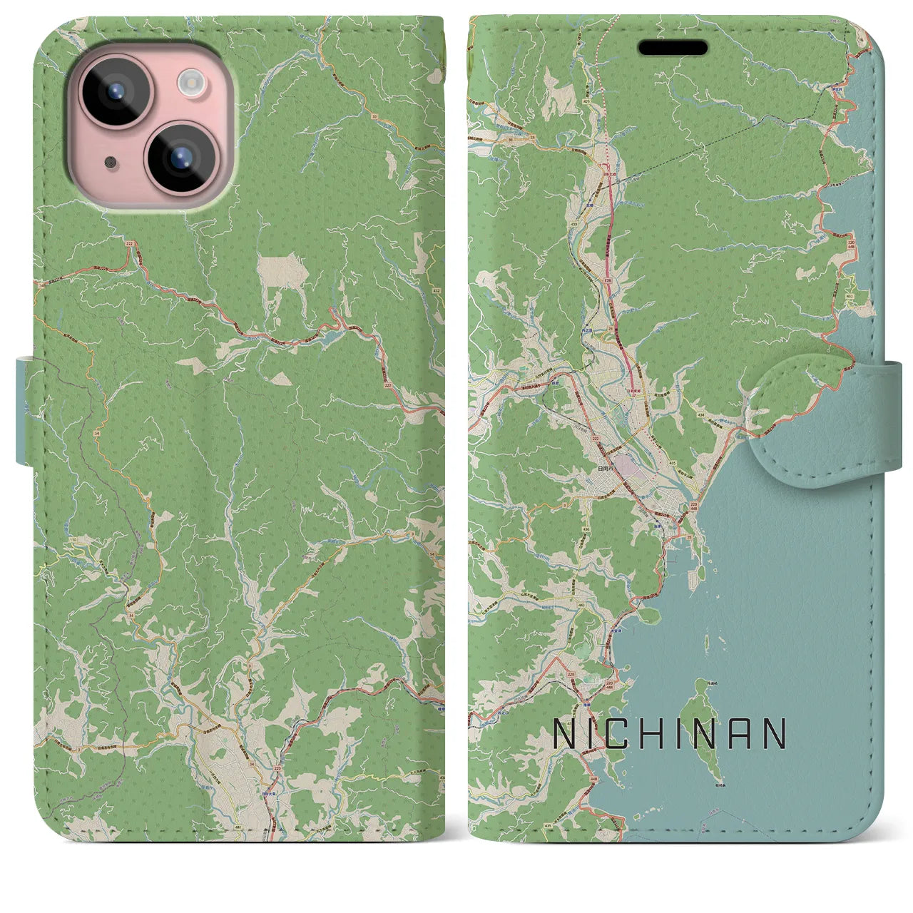 【日南】地図柄iPhoneケース（手帳両面タイプ・ナチュラル）iPhone 15 Plus 用
