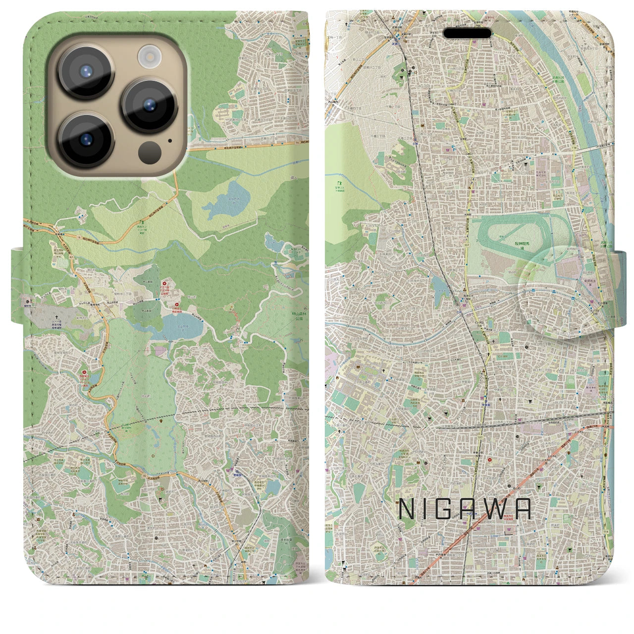 【仁川】地図柄iPhoneケース（手帳両面タイプ・ナチュラル）iPhone 14 Pro Max 用