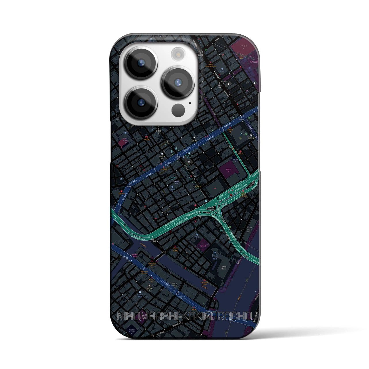 【日本橋蛎殻町】地図柄iPhoneケース（バックカバータイプ・ブラック）iPhone 14 Pro 用