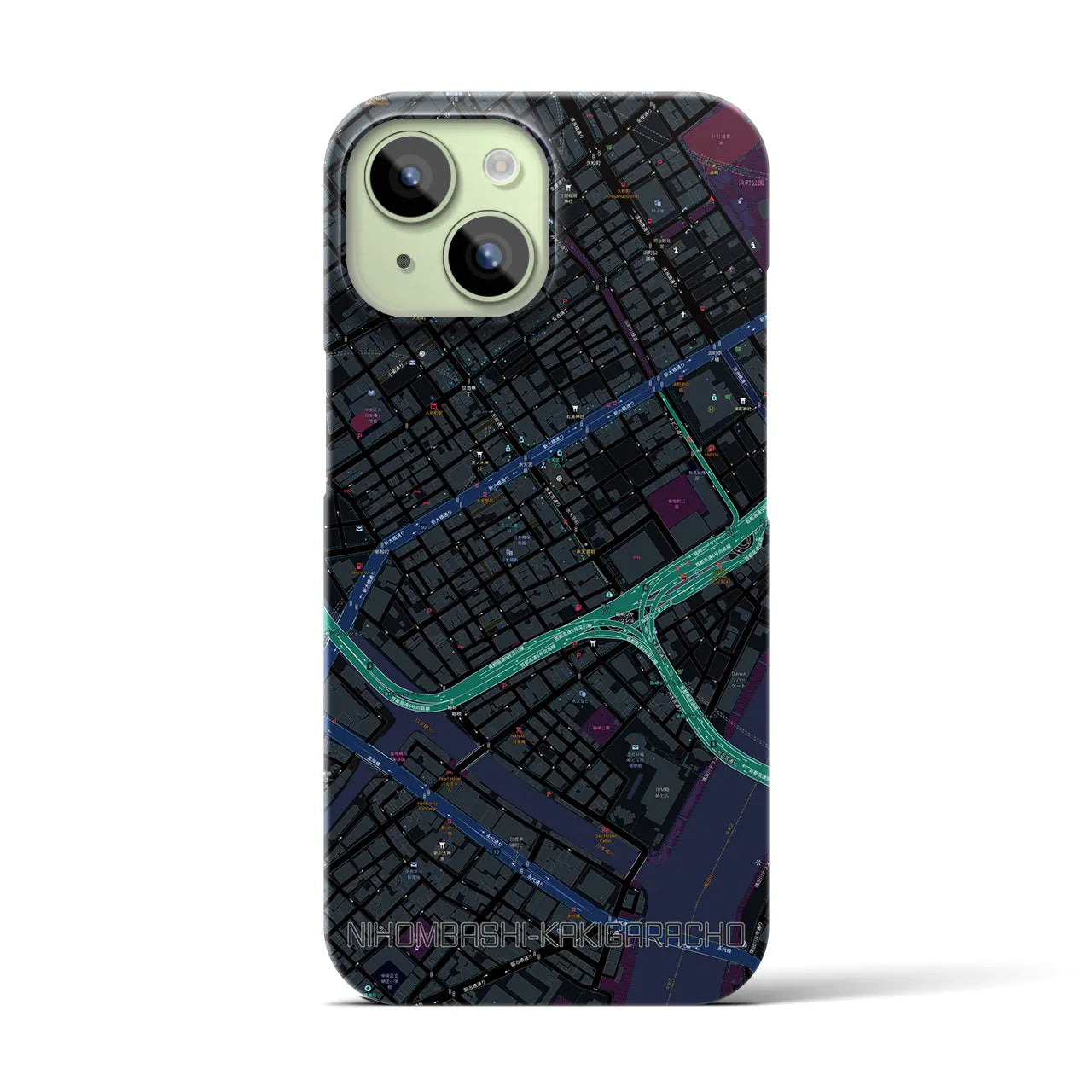 【日本橋蛎殻町】地図柄iPhoneケース（バックカバータイプ・ブラック）iPhone 15 用