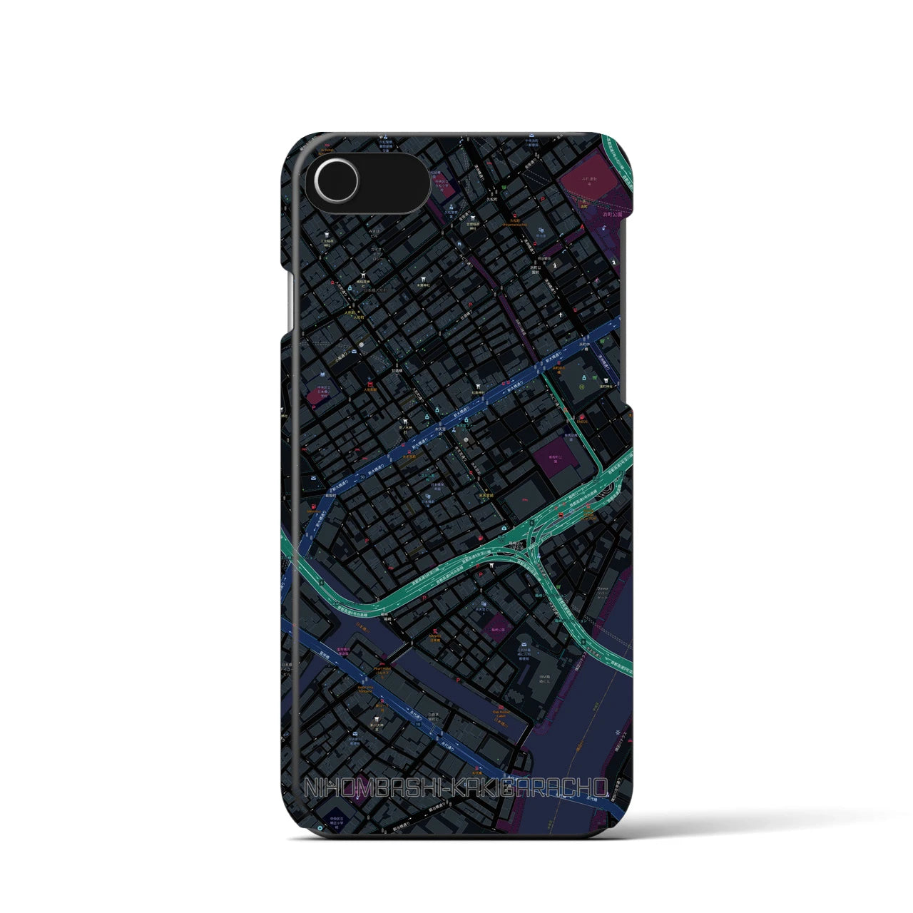 【日本橋蛎殻町】地図柄iPhoneケース（バックカバータイプ・ブラック）iPhone SE（第3 / 第2世代） / 8 / 7 / 6s / 6 用