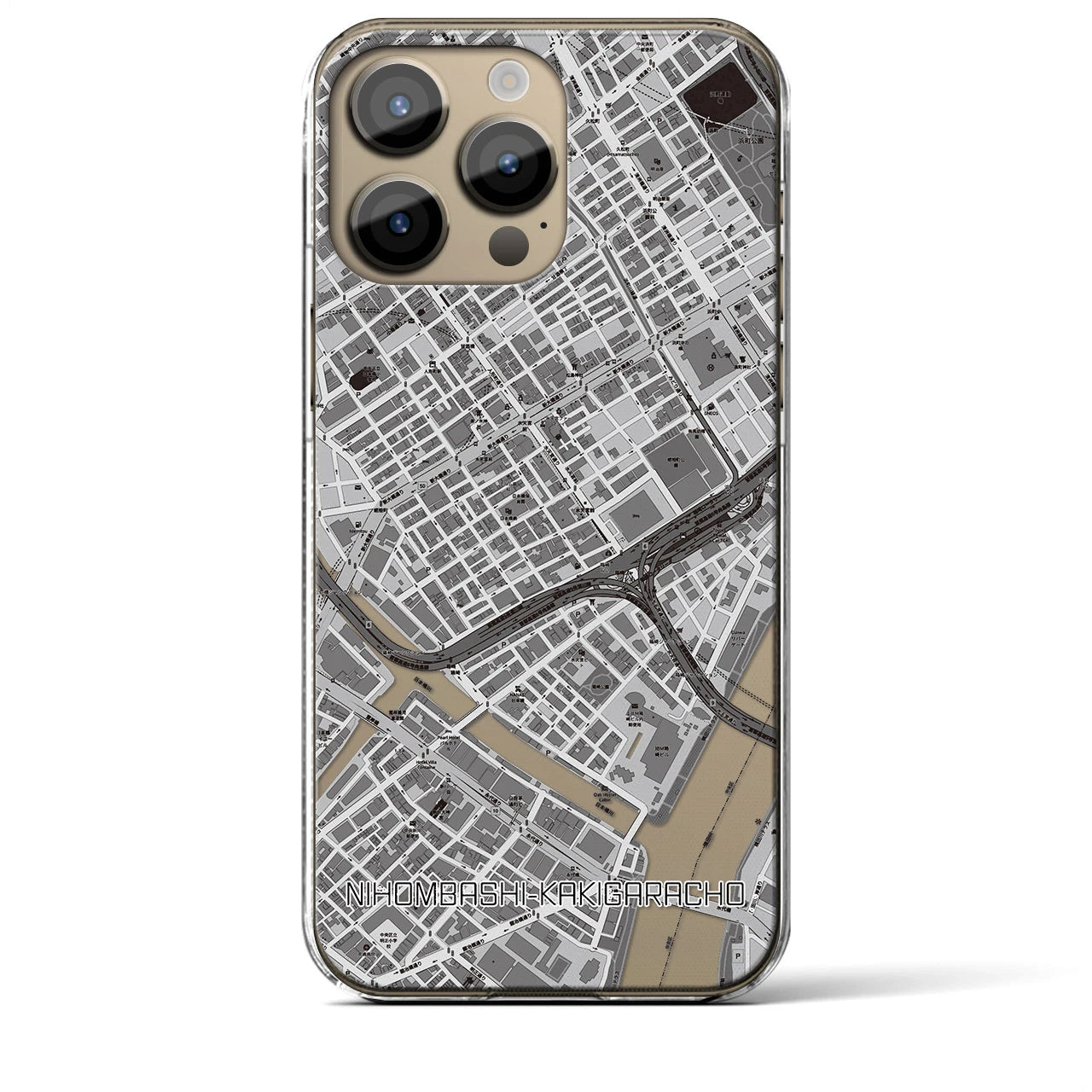 【日本橋蛎殻町】地図柄iPhoneケース（クリアタイプ・モノトーン）iPhone 14 Pro Max 用