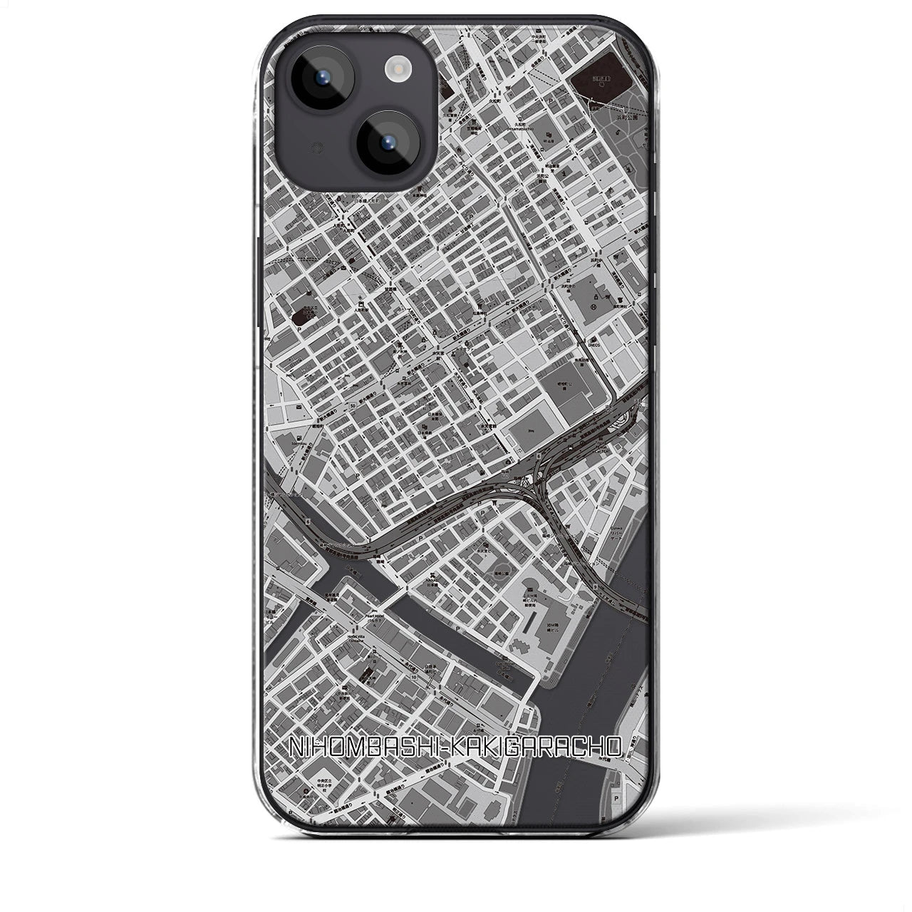 【日本橋蛎殻町】地図柄iPhoneケース（クリアタイプ・モノトーン）iPhone 14 Plus 用