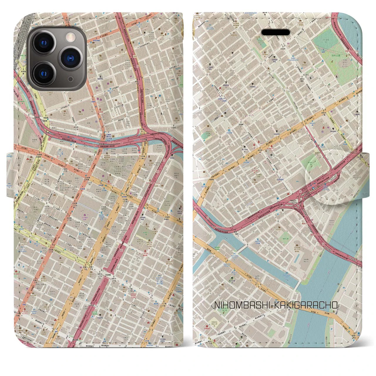 【日本橋蛎殻町】地図柄iPhoneケース（手帳両面タイプ・ナチュラル）iPhone 11 Pro Max 用