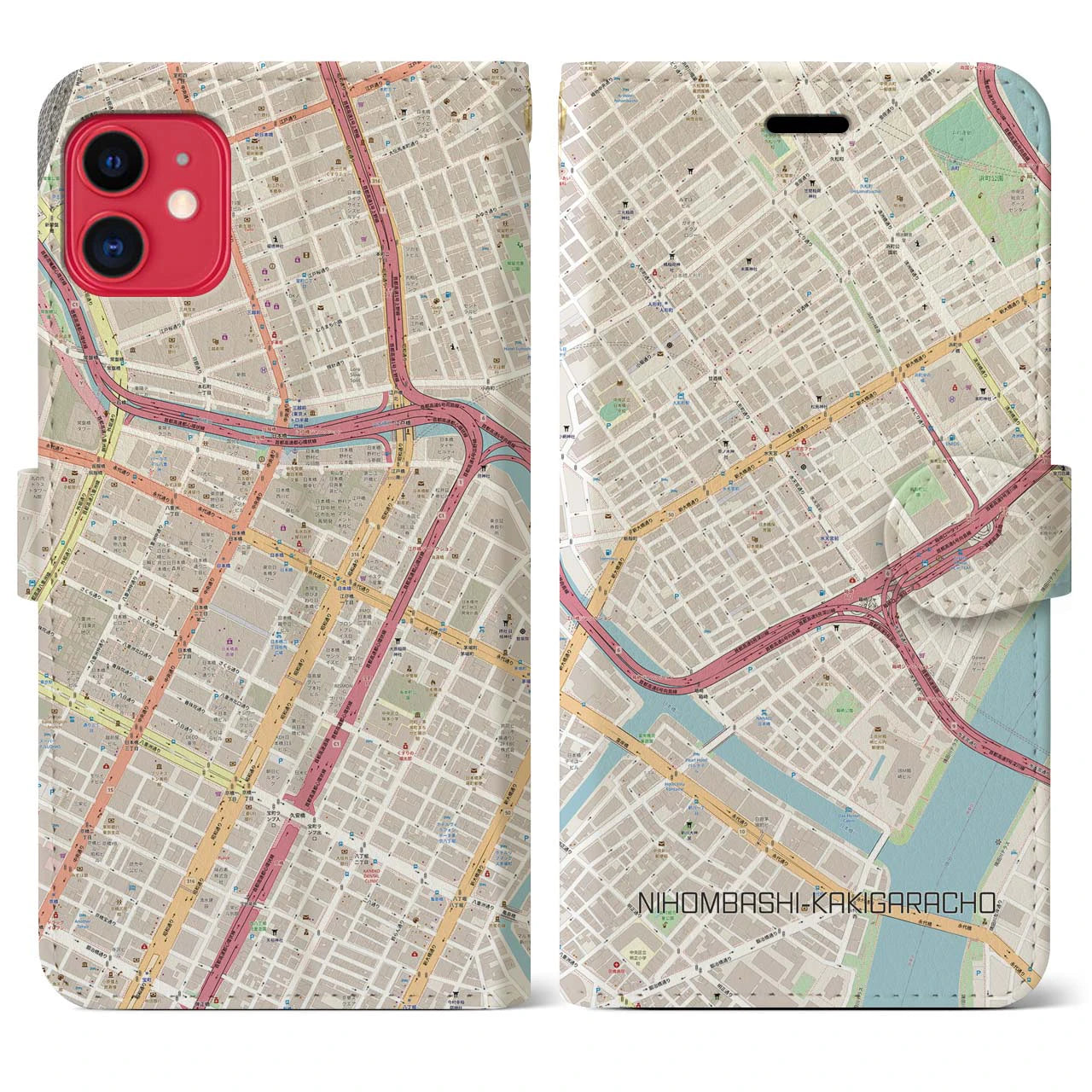 【日本橋蛎殻町】地図柄iPhoneケース（手帳両面タイプ・ナチュラル）iPhone 11 用