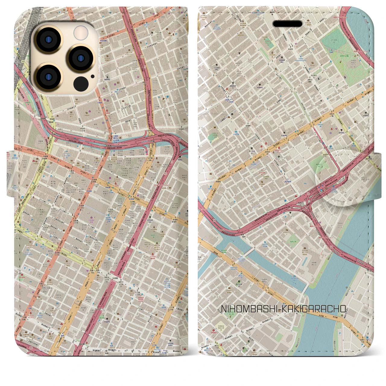 【日本橋蛎殻町】地図柄iPhoneケース（手帳両面タイプ・ナチュラル）iPhone 12 Pro Max 用