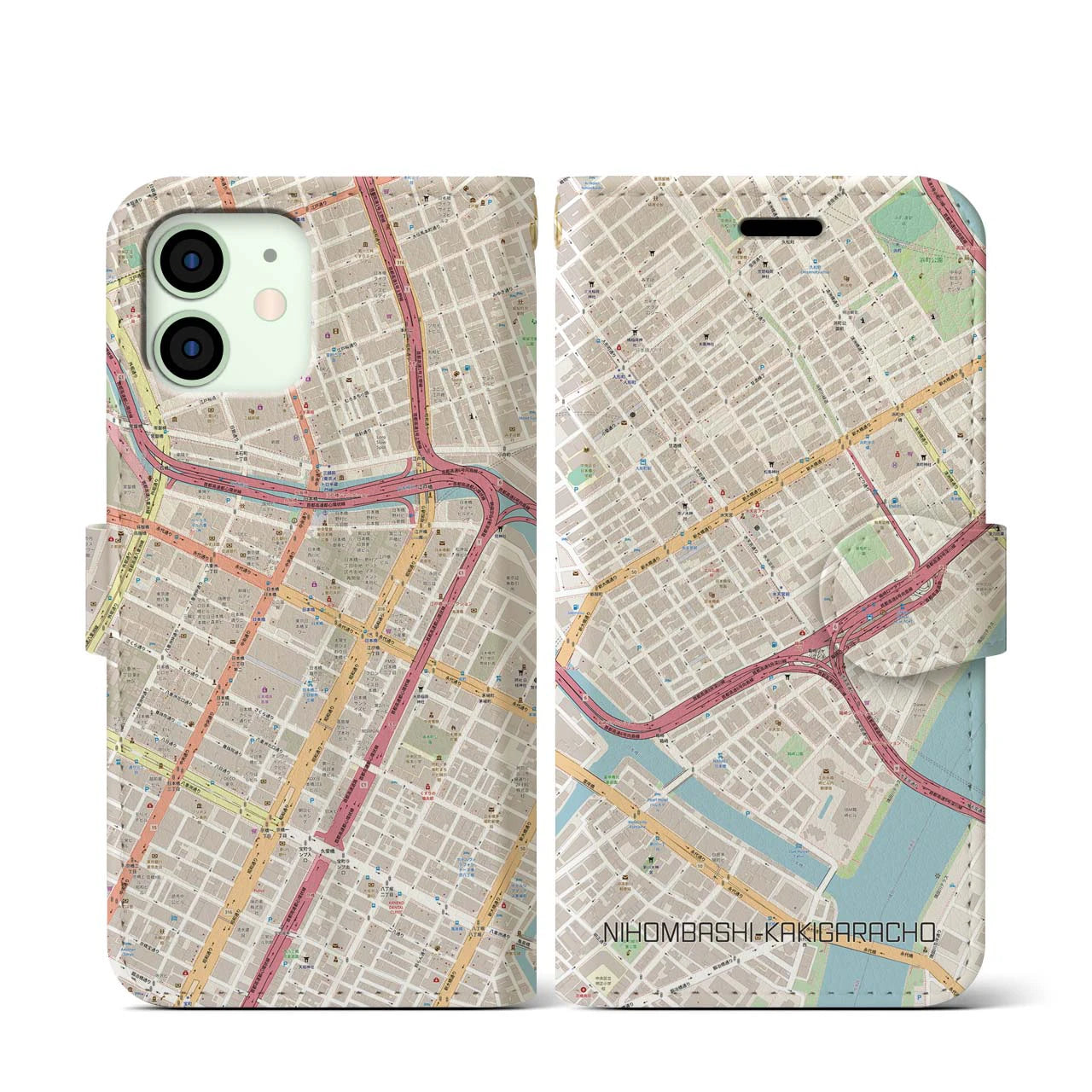 【日本橋蛎殻町】地図柄iPhoneケース（手帳両面タイプ・ナチュラル）iPhone 12 mini 用