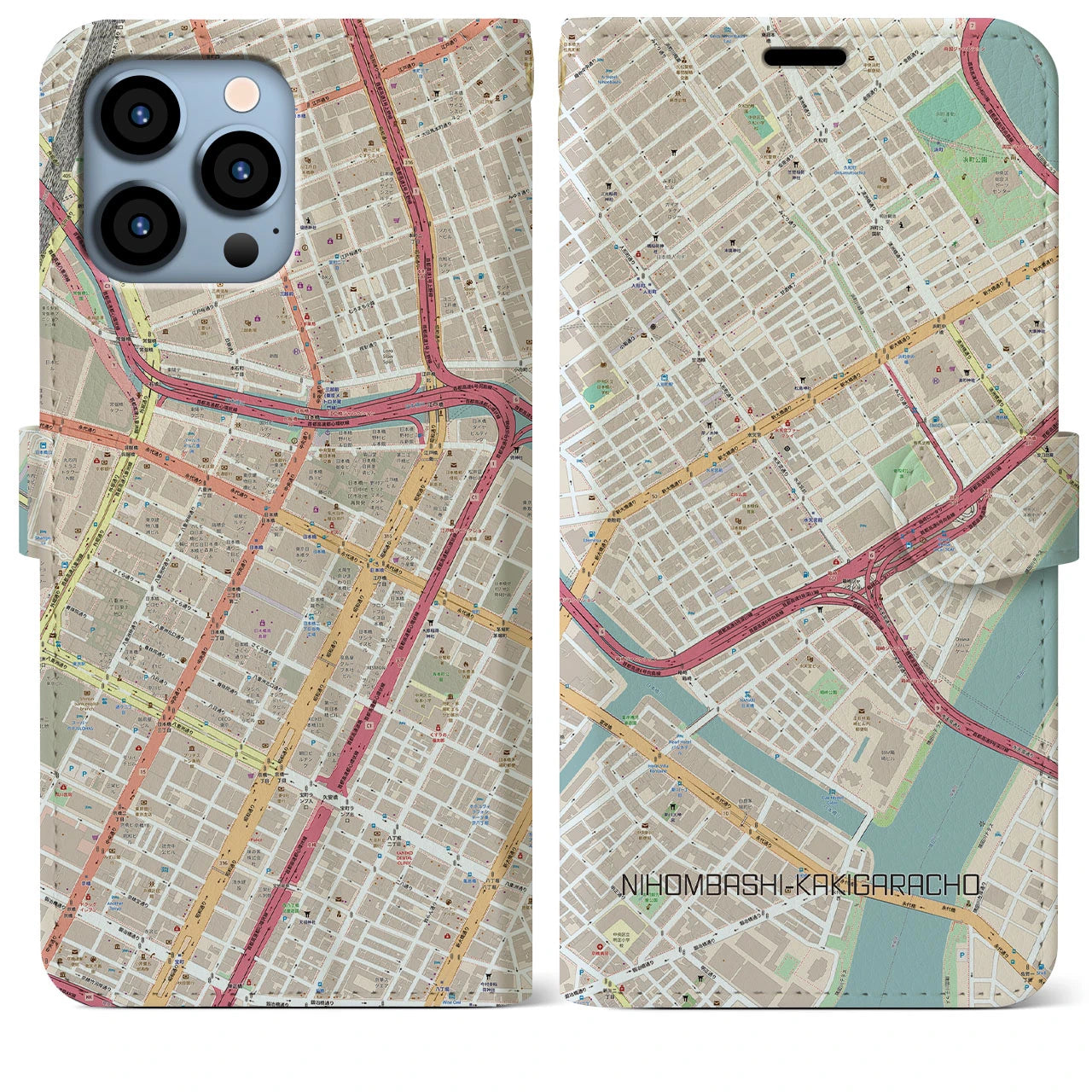 【日本橋蛎殻町】地図柄iPhoneケース（手帳両面タイプ・ナチュラル）iPhone 13 Pro Max 用