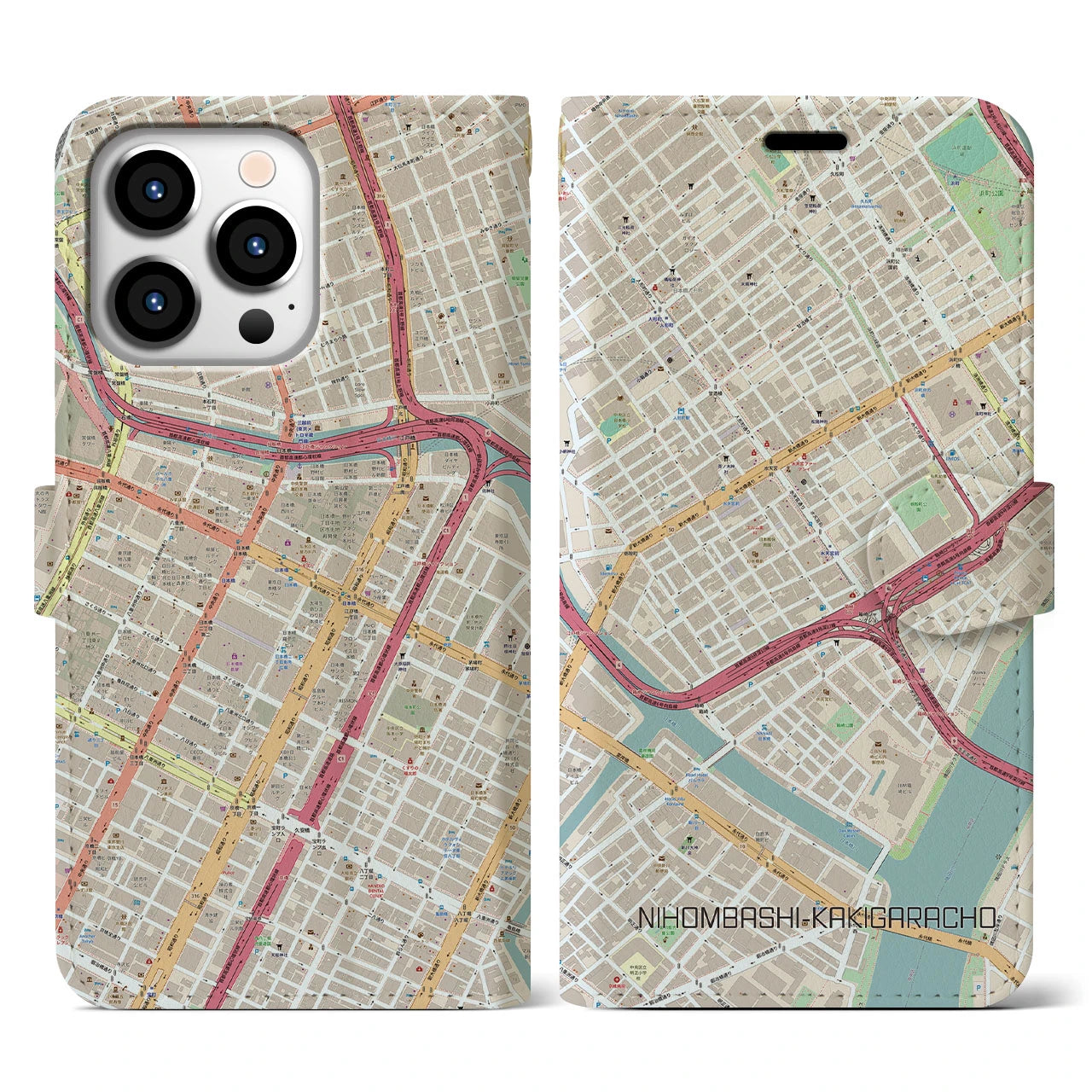 【日本橋蛎殻町】地図柄iPhoneケース（手帳両面タイプ・ナチュラル）iPhone 13 Pro 用