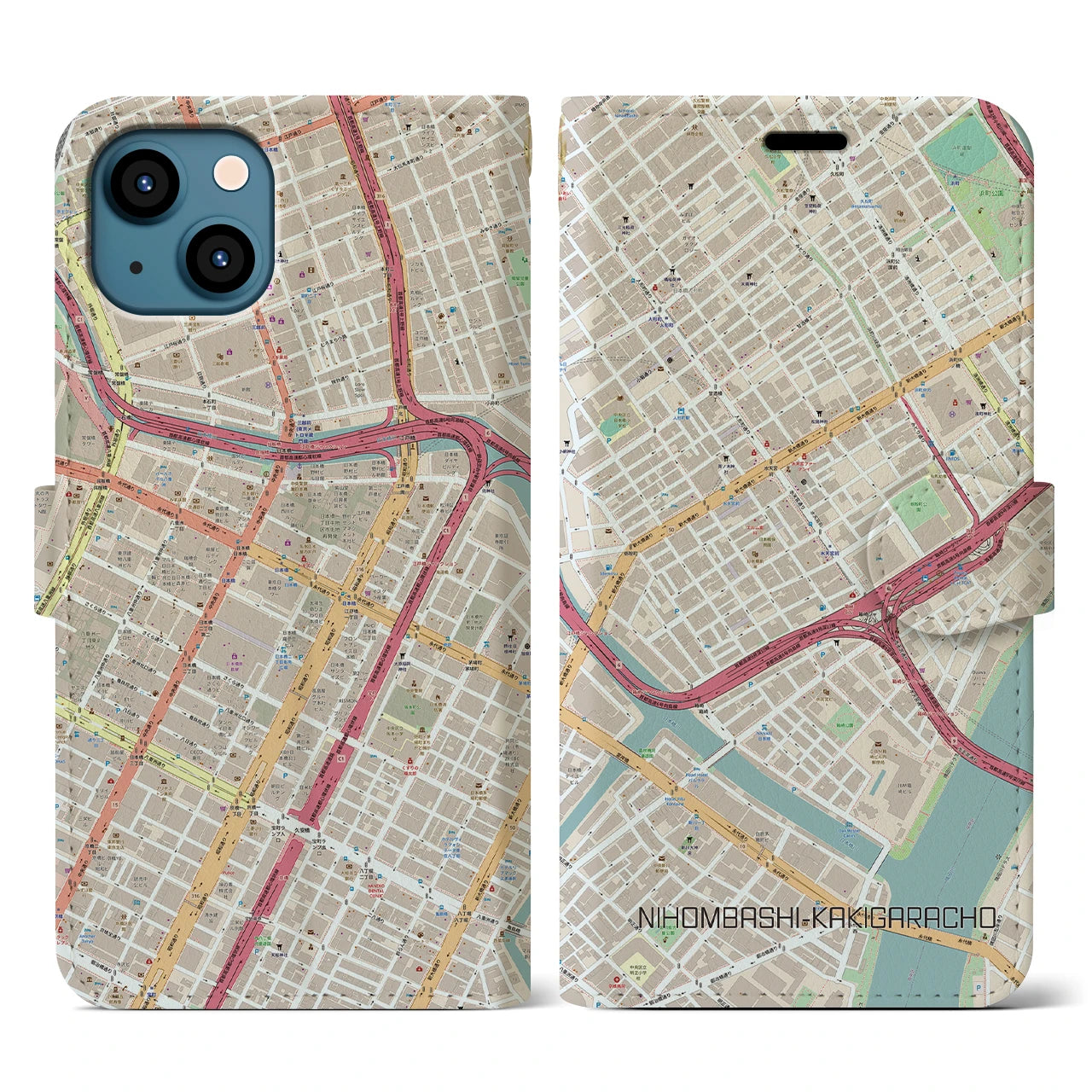 【日本橋蛎殻町】地図柄iPhoneケース（手帳両面タイプ・ナチュラル）iPhone 13 用