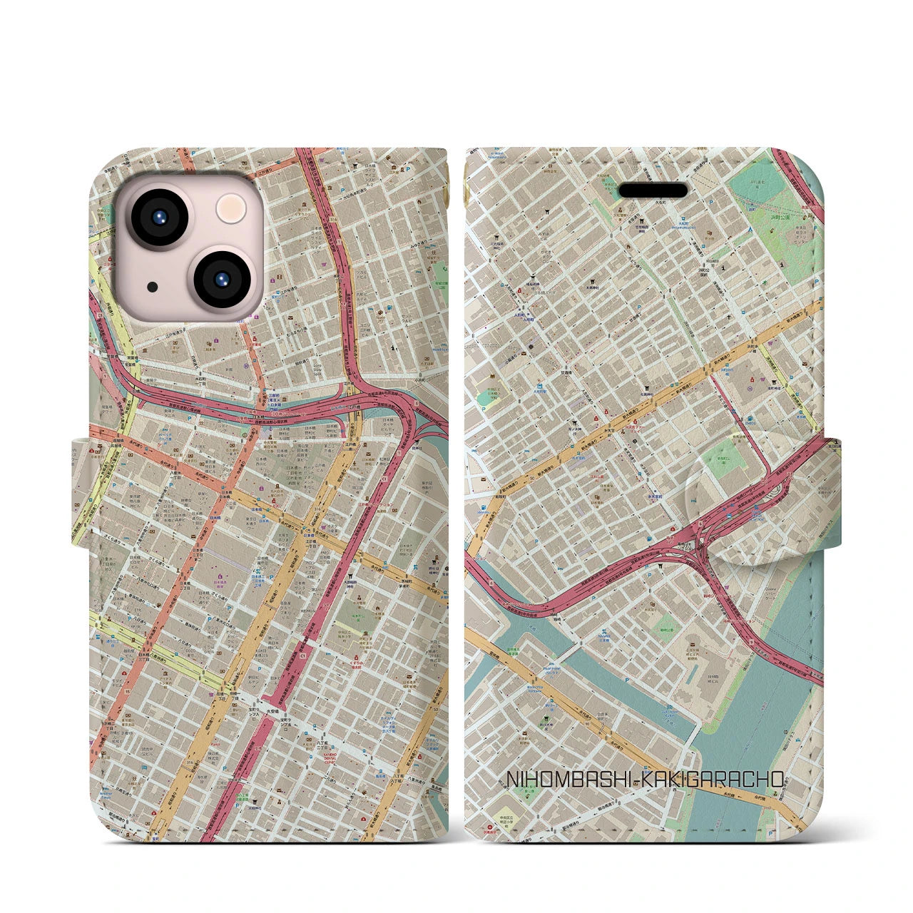 【日本橋蛎殻町】地図柄iPhoneケース（手帳両面タイプ・ナチュラル）iPhone 13 mini 用