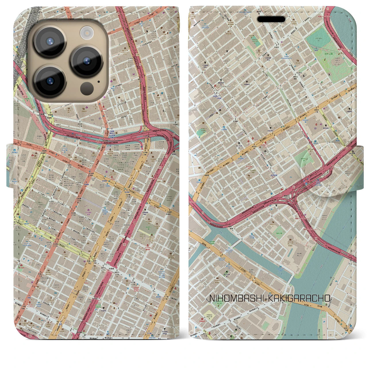 【日本橋蛎殻町】地図柄iPhoneケース（手帳両面タイプ・ナチュラル）iPhone 14 Pro Max 用