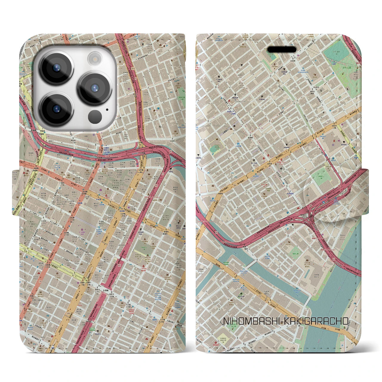 【日本橋蛎殻町】地図柄iPhoneケース（手帳両面タイプ・ナチュラル）iPhone 14 Pro 用