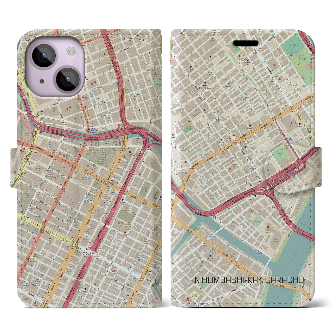 【日本橋蛎殻町】地図柄iPhoneケース（手帳両面タイプ・ナチュラル）iPhone 14 用