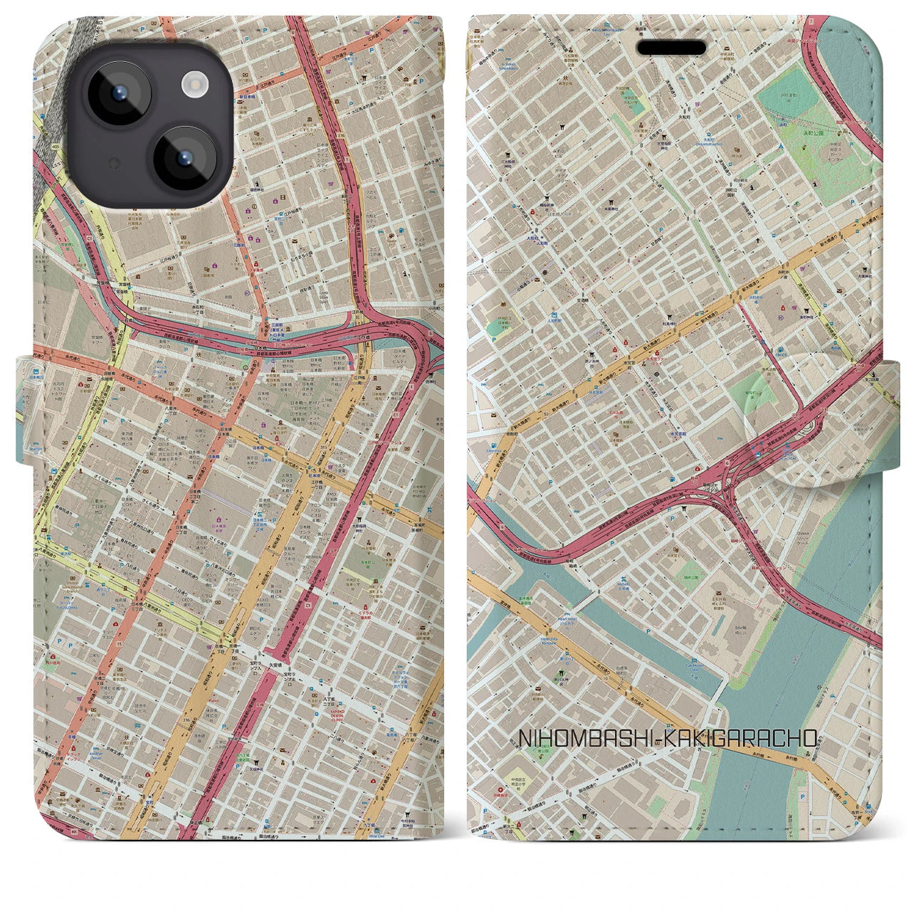 【日本橋蛎殻町】地図柄iPhoneケース（手帳両面タイプ・ナチュラル）iPhone 14 Plus 用