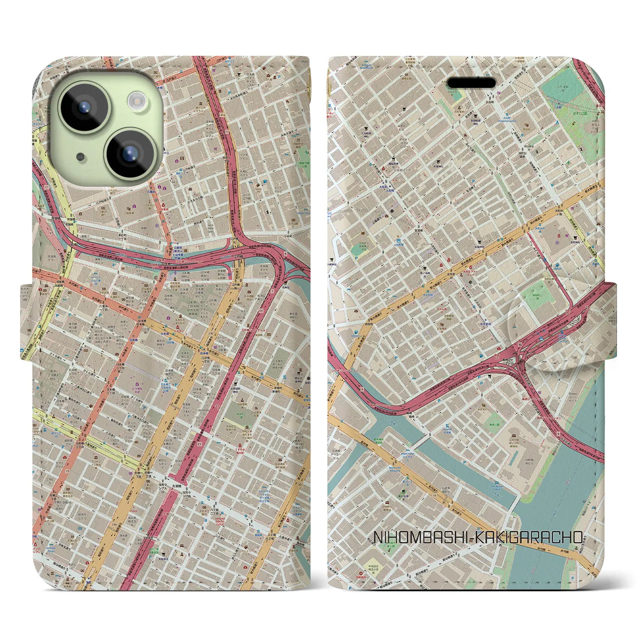 【日本橋蛎殻町】地図柄iPhoneケース（手帳両面タイプ・ナチュラル）iPhone 15 用