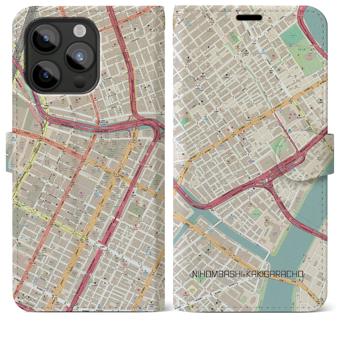 【日本橋蛎殻町】地図柄iPhoneケース（手帳両面タイプ・ナチュラル）iPhone 15 Pro Max 用