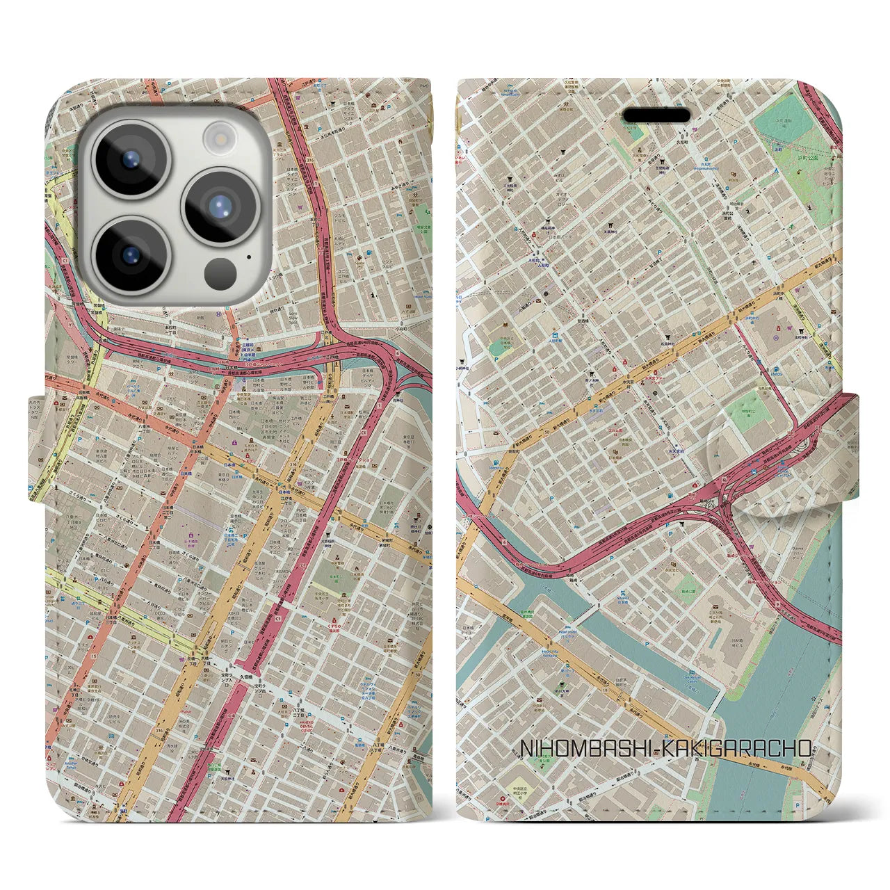 【日本橋蛎殻町】地図柄iPhoneケース（手帳両面タイプ・ナチュラル）iPhone 15 Pro 用