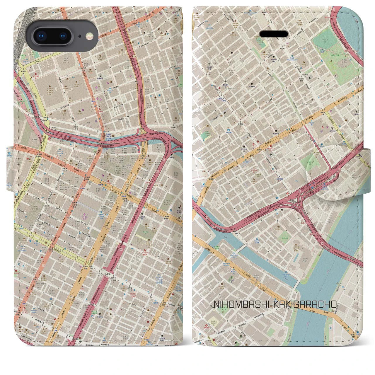 【日本橋蛎殻町】地図柄iPhoneケース（手帳両面タイプ・ナチュラル）iPhone 8Plus /7Plus / 6sPlus / 6Plus 用
