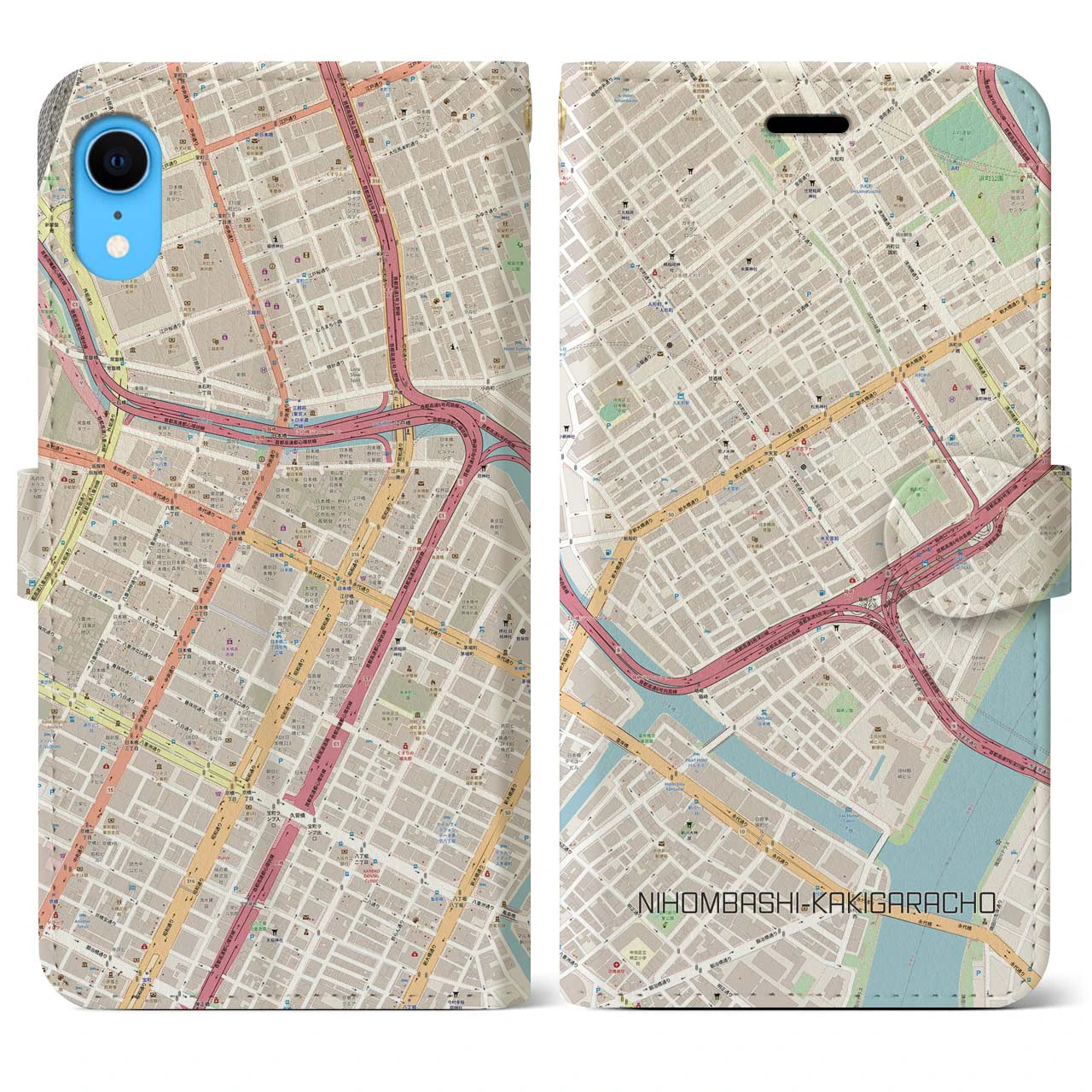 【日本橋蛎殻町】地図柄iPhoneケース（手帳両面タイプ・ナチュラル）iPhone XR 用