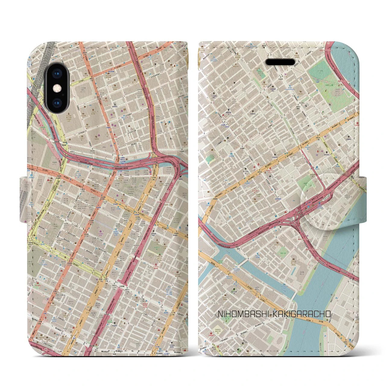 【日本橋蛎殻町】地図柄iPhoneケース（手帳両面タイプ・ナチュラル）iPhone XS / X 用