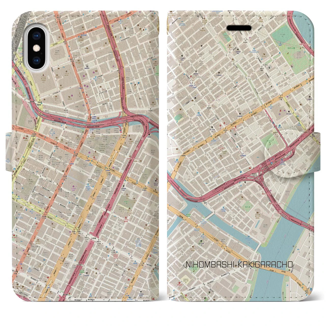 【日本橋蛎殻町】地図柄iPhoneケース（手帳両面タイプ・ナチュラル）iPhone XS Max 用