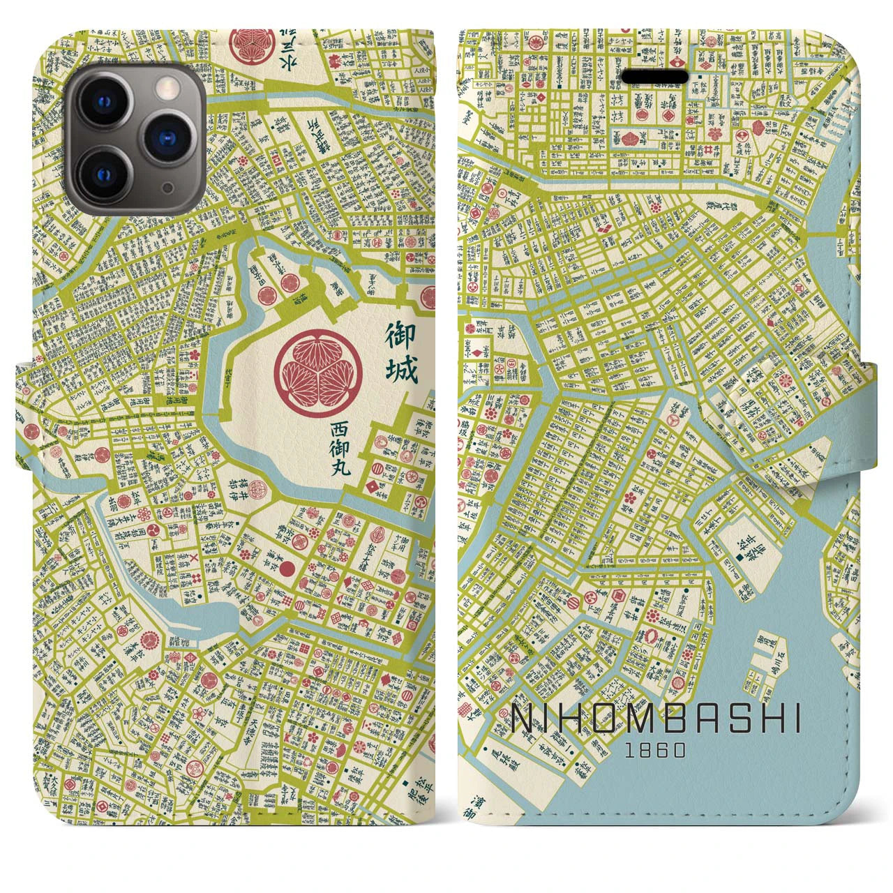 【日本橋1860】地図柄iPhoneケース（手帳両面タイプ・ナチュラル）iPhone 11 Pro Max 用