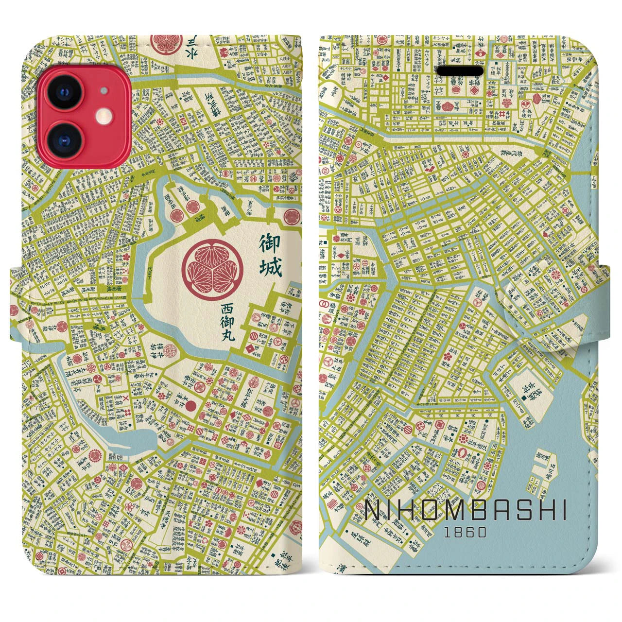 【日本橋1860】地図柄iPhoneケース（手帳両面タイプ・ナチュラル）iPhone 11 用
