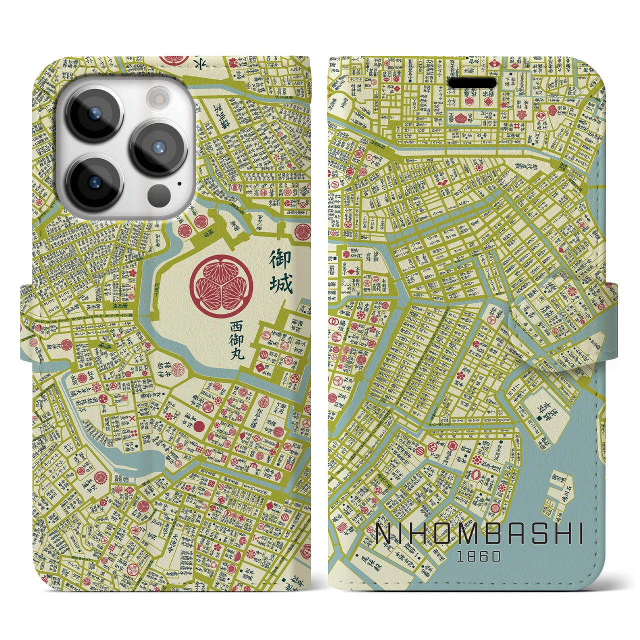【日本橋1860】地図柄iPhoneケース（手帳両面タイプ・ナチュラル）iPhone 14 Pro 用
