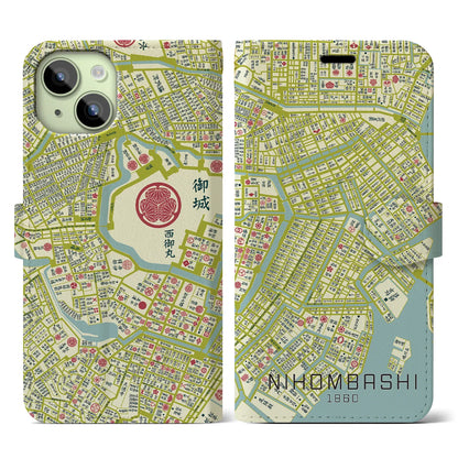 【日本橋1860】地図柄iPhoneケース（手帳両面タイプ・ナチュラル）iPhone 15 用