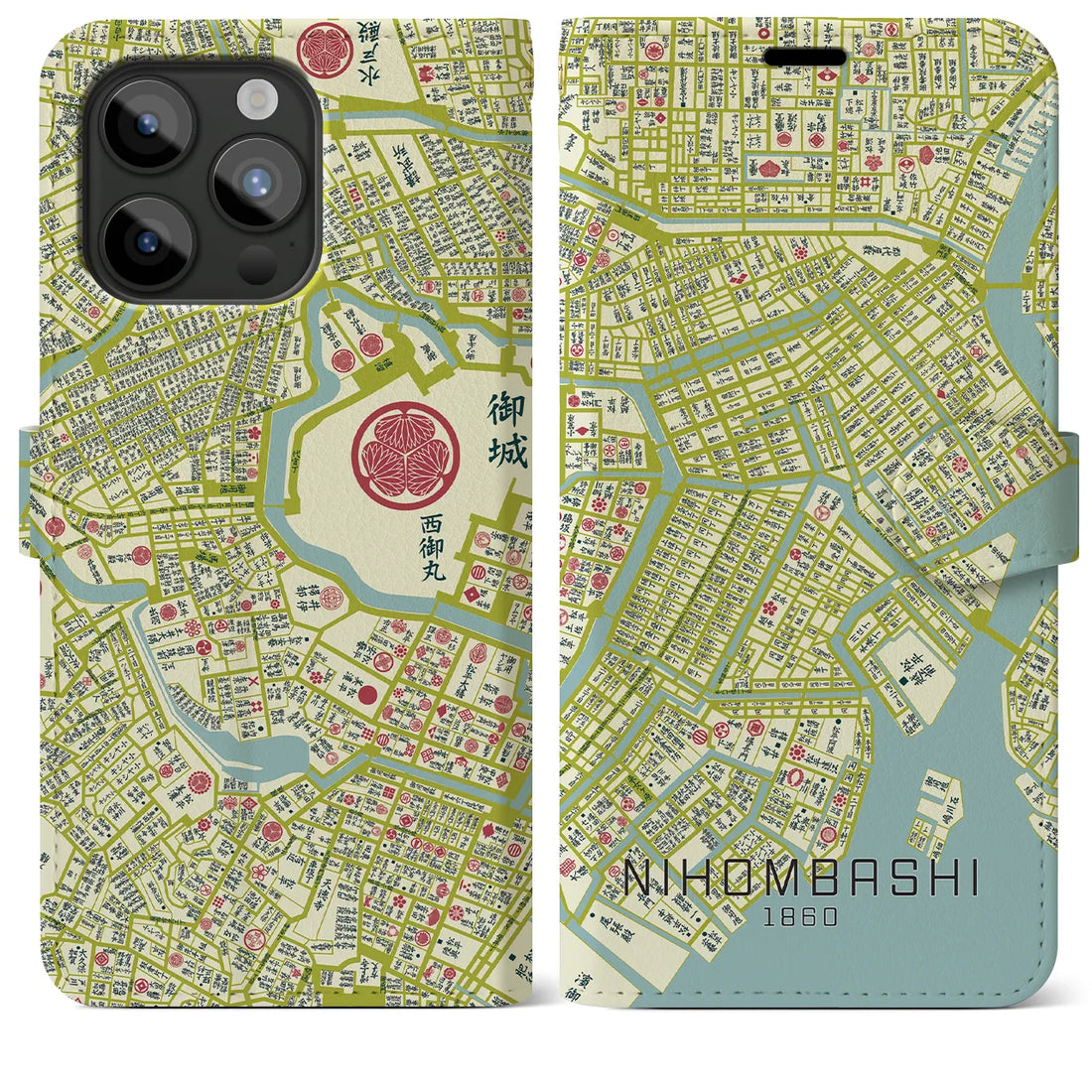【日本橋1860】地図柄iPhoneケース（手帳両面タイプ・ナチュラル）iPhone 15 Pro Max 用