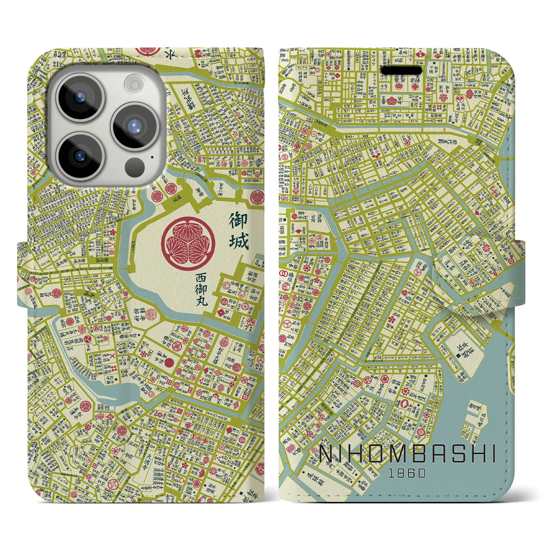 【日本橋1860】地図柄iPhoneケース（手帳両面タイプ・ナチュラル）iPhone 15 Pro 用