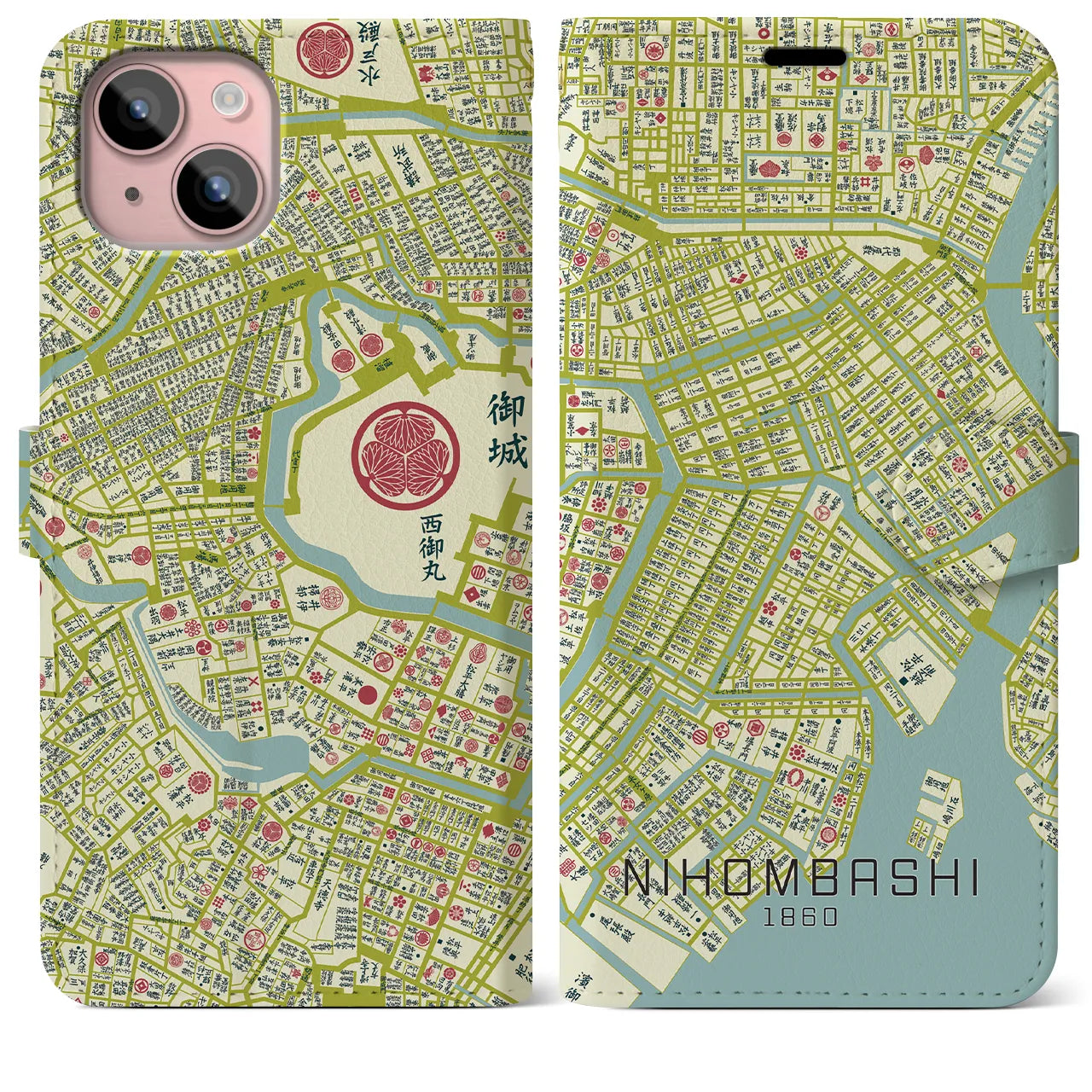 【日本橋1860】地図柄iPhoneケース（手帳両面タイプ・ナチュラル）iPhone 15 Plus 用