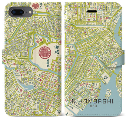 【日本橋1860】地図柄iPhoneケース（手帳両面タイプ・ナチュラル）iPhone 8Plus /7Plus / 6sPlus / 6Plus 用