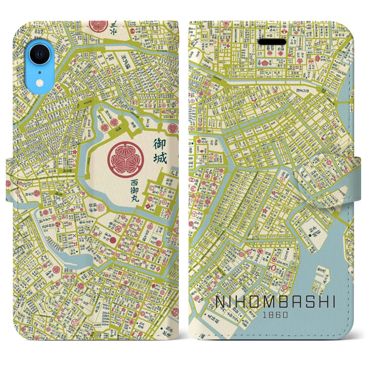 【日本橋1860】地図柄iPhoneケース（手帳両面タイプ・ナチュラル）iPhone XR 用