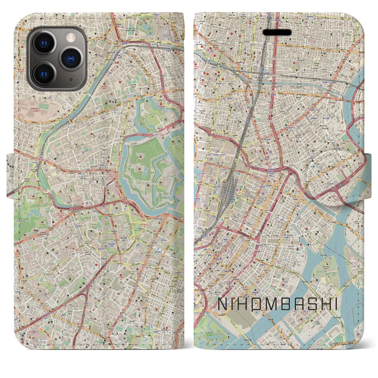 【日本橋】地図柄iPhoneケース（手帳両面タイプ・ナチュラル）iPhone 11 Pro Max 用